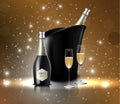 Wineglass with black wine bottles of champagne in a bucket Royalty Free Stock Photo