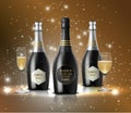 Wineglass with black wine bottles of champagne on sparkling background Royalty Free Stock Photo