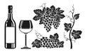 Wineglass bottle engraving set wine products vine grapes vintage ink shape etching hand drawn design