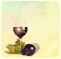 Wineglass, bottle of wine and grapes leaf.