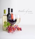 Wineglass, bottles of wine, grapes Royalty Free Stock Photo