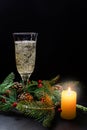 Wineglass of bubbly champagne among spruce branches with cones and burning yellow candle on black background Royalty Free Stock Photo