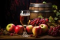 wineglass filled with cider near a bushel of apples