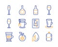 Wineglass, Frappe and Medical food icons set. Whiskey bottle, Teacup and Water drop signs. Vector