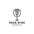 Wineglass goblet and rose flower line logo design. in trendy line