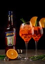 Monchegorsk, Murmansk region Russia. June 1, 2021. Wineglass of ice cold Aperol spritz cocktail served in a wine glass, decorated