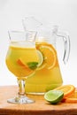 Wineglass of orange drink with fresh citrus fruits, ice, lime and mint leaves in jug Royalty Free Stock Photo