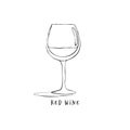 Wineglass red wine. Drink element. Black white. Retro glass wine hand draw, design for any purposes. Restaurant illustration. Royalty Free Stock Photo