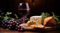 Wineglass with red wine, fresh grape vine, cut cheese with mold, sliced bread on wooden background, selected focus.