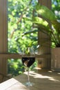 Wineglass with red wine stand on wooden table in glare of sun. Plant with large green leaves in pot. Royalty Free Stock Photo