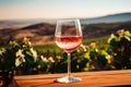 Wineglass with red wine on vineyard in Tuscany, Italy, A chilled glass of rosÃÂ© wine against a backdrop of vineyards, AI Gener Royalty Free Stock Photo