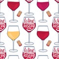 Wineglass seamless pattern. Wine Tasting lettering inscription. Vector hand drawn illustration isolated on white