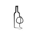 Wineglass vector icon paint brush effect. Continuous one line drawn a bottle of wine and a glass. Linear style sign for