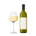 Wineglass with white wine vector illustration. Realistic glass with bottle