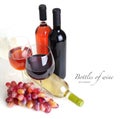 Wineglass, wine bottles and grapes Royalty Free Stock Photo