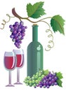 Wineglass, winebottle and grapevine