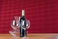 Wineglasses with bottle and carafe on the table. Royalty Free Stock Photo