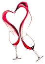 Wineglasses with red wine and heart shaped splash, isolated on white