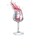 Wineglasses with splashes of wine, pouring inside. Art wine expressive splashes in hand drawn glasses, collection Royalty Free Stock Photo