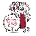 Winemaker tasting red wine in glass smiling leaning on barrel in vineyard. Hand drawn sketch vector.