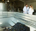 Winemakers controlling crushing of grapes