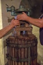 Winemaking. Old wooden wine press with must inside. Pressing of Royalty Free Stock Photo
