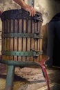 Winemaking. Old wooden wine press with must inside. Pressing of Royalty Free Stock Photo