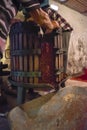 Winemaking. Old wooden wine press with pressed inside. Removal o