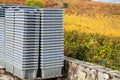 Winemaking in oldest wine region in world Douro valley in Portugal, plastic boxes for harvesting of wine grapes, production of red