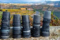 Winemaking in oldest wine region in world Douro valley in Portugal, plastic buckets for harvesting of wine grapes, production of