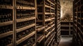 Winery basement with wooden barrels and racks of old wine bottles. AI generated Royalty Free Stock Photo