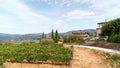 Winery building in Chianti region, Toskana. Vineyards and cypress trees around.