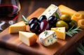glass of red wine, wine tasting, set of wine snacks, wine plate, cheese and olives, romantic dinner, wine expert,