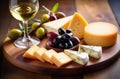 glass of white wine, wine tasting, set of wine snacks, wine plate, cheese and olives, romantic dinner, wine expert