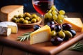 wine tasting, wine appetizer set, wine plate, cheese and olives, glass of red wine, romantic dinner, wine expert,