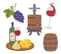 Winery Icons Collection. Set of Ripe Grapes, Press Machine, Wineglass with Red Splashing Liquid, Wooden Barrell, Tray