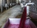 Winery producing wine, Grape ju in tank. Wine fermentation tanks. Wine fermentation process Red grapes in fermentation tank. Royalty Free Stock Photo