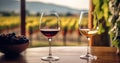 In the winery, red and white wines are being tasted. There are full wine glasses next to a window with a beautiful vineyard in the Royalty Free Stock Photo