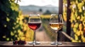 In the winery, red and white wines are being tasted. There are full wine glasses next to a window with a beautiful vineyard in the Royalty Free Stock Photo