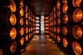 Winery set as a cellar with barrels. Generative AI