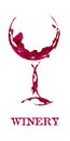 Winery and shape of wineglass graphic design on white background. Red abstract imprint, watercolor stain, grunge texture