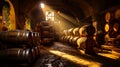 Winery storage barrels. Wine wooden kegs warehouse