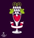 Winery theme vector illustration. Stylized wineglass with grapes