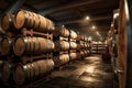 Winery, wine cellar with wine barrels wooden, illustration. Generative AI