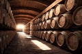 Winery, wine cellar with wine barrels wooden, illustration. Generative AI