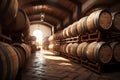 Winery, wine cellar with wine barrels wooden, illustration. Generative AI