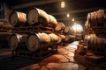 Winery, wine cellar with wine barrels wooden, illustration. Generative AI