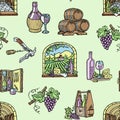 Wine production cellar winery viticulture winey product alcohol farm grape vintage hand drawn vector illustration