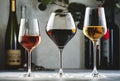 Wines assortment. Red, white, rose wine in wineglasses and bottles on gray background. Wine bar, shop, tasting concept Royalty Free Stock Photo