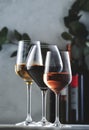 Wines assortment. Red, white, rose wine in wineglasses and bottles on gray background. Wine bar, shop, tasting concept Royalty Free Stock Photo